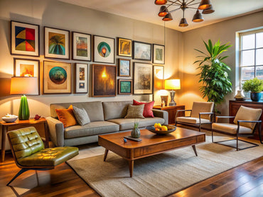 Stylish living room blending retro art with modern decor, featuring mid-century paintings and contemporary furniture.