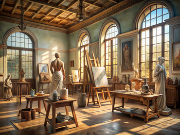 Renaissance art studio with easels and classical sculptures reflecting the influence of Leonardo da Vinci's masterpieces