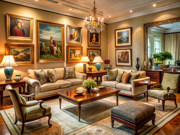 Elegant living room transformed with famous art pieces, showcasing stylish decor and a warm atmosphere.