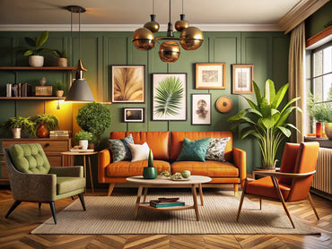 Modern living room blending vintage art with contemporary decor for a retro elegance