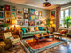 A cozy living room adorned with vibrant retro art pieces and vintage furniture, showcasing eclectic designs and a warm atmosphere.