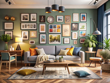 Modern living room featuring various art prints on the walls, showcasing stylish home decor ideas.
