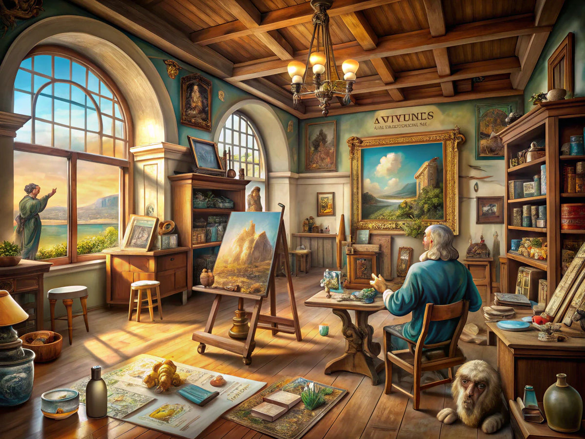 Art studio showcasing Renaissance paintings and sculptures inspired by Leonardo da Vinci's timeless masterpieces