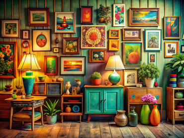 A cozy display of retro art pieces that evoke nostalgia with vibrant colors and vintage styles.