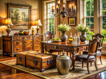 Vintage home decor featuring antique chests and classic dining table, creating a timeless and elegant atmosphere.