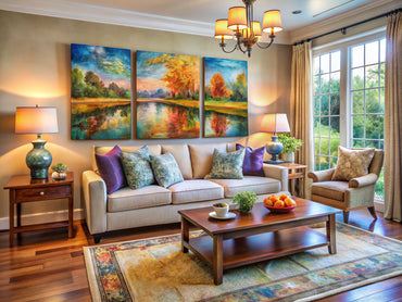 Living room decorated with captivating Impressionist art, showcasing vibrant colors and a cozy atmosphere.