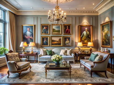 Modern living room elegantly featuring classical art pieces integrated into contemporary decor