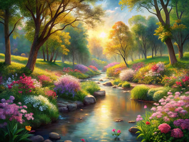 A serene Impressionist landscape with vibrant colors and soft brush strokes, showcasing a tranquil garden and gentle stream.