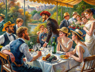 A blend of classical elegance and vibrant impressionist art, featuring a dynamic scene inspired by da Vinci and Renoir.
