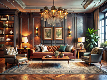 Modern living room showcasing vintage decorative arts with sculptural furniture and intricate patterns
