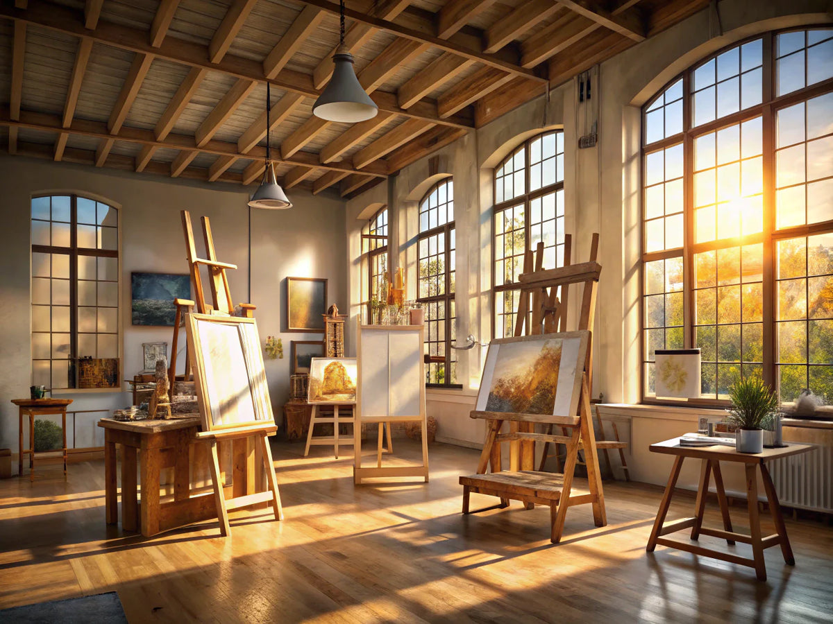 Classical art studio inspired by Leonardo da Vinci, showcasing easels and canvases in a creative environment.
