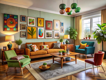 Stylish living room blending retro art with modern decor, showcasing vintage home decor elements.