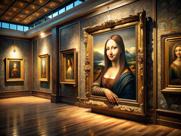 Classic art gallery showcasing a painting inspired by the Mona Lisa, highlighting the allure of Renaissance art.