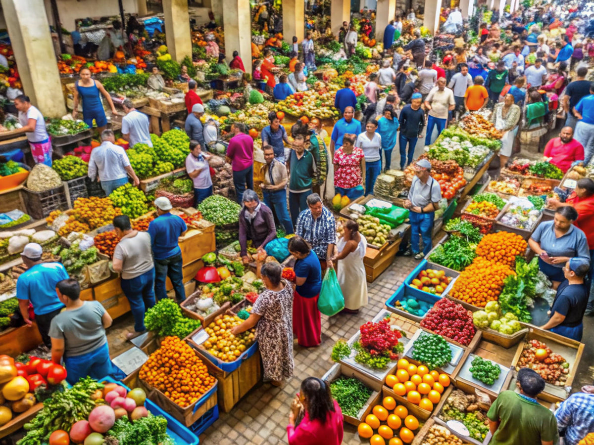 Vibrant market scene depicting community interaction and joy