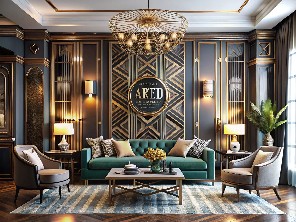 Modern interior design infused with Art Deco elegance featuring geometric patterns and luxurious materials.