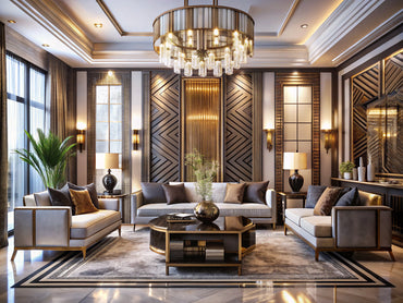 Modern interior design featuring Art Deco elements with geometric patterns and luxurious furnishings.