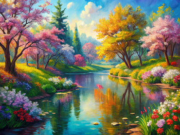 Vibrant impressionist art scene showcasing a serene landscape with blooming flowers and tranquil water, embodying the essence of impressionist style.