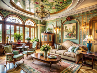 Modern interior design featuring Art Nouveau elements with elegant curves and floral motifs.