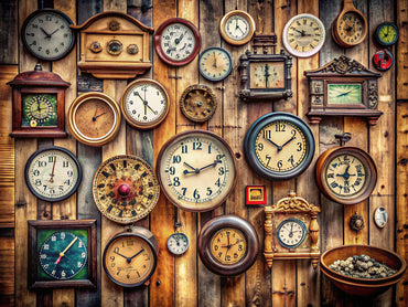 Vintage wall clocks showcasing unique designs and craftsmanship in a rustic setting