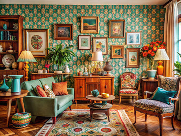 Vintage home interior featuring retro art decor elements, showcasing colorful patterns and antique furniture for a nostalgic aesthetic.
