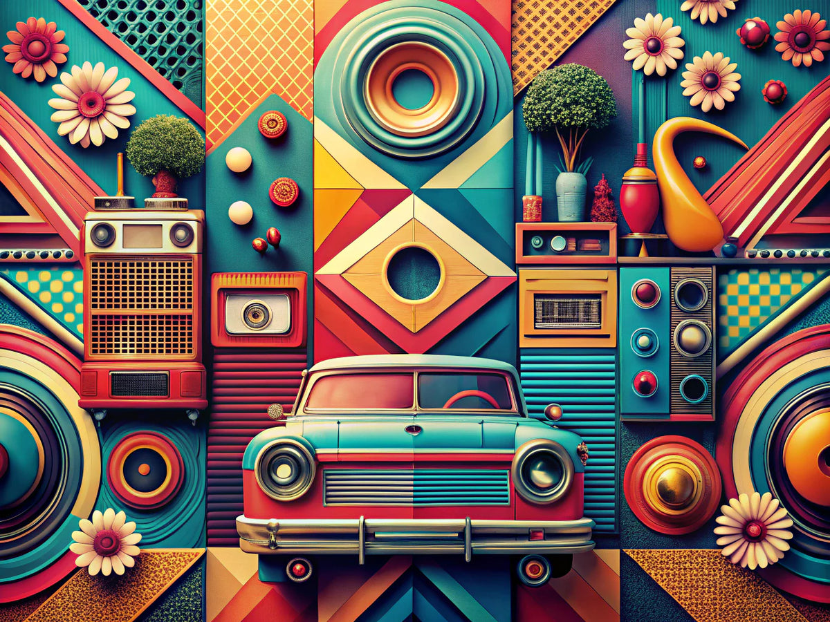 A vibrant blend of retro art styles and modern aesthetics showcasing abstract shapes and iconic patterns.