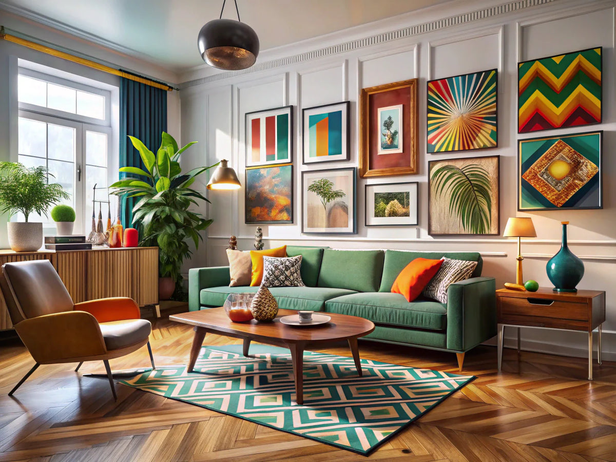 Stylish contemporary living room with vintage home decor and retro artworks blending modern aesthetics