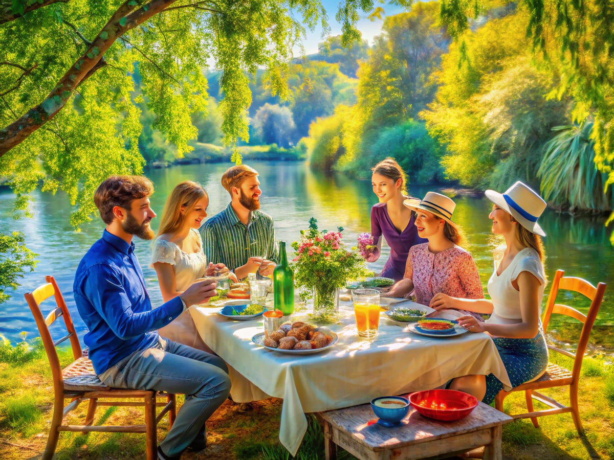 Outdoor gathering inspired by Renoir's impressionist style, featuring friends enjoying a meal by the water