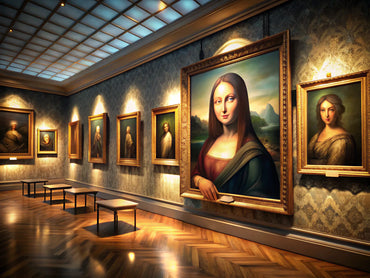 Art gallery showcasing the Mona Lisa painting in a modern setting