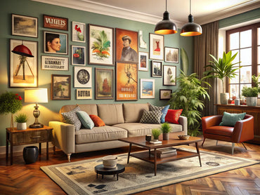 Cozy living room with vintage wall art and retro art reproductions enhancing modern decor