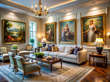 Modern living room with classical art pieces, blending traditional sculptures and paintings into contemporary decor