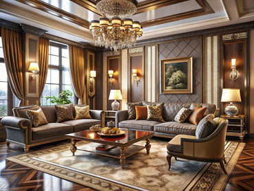 Luxurious living room showcasing art deco revival style with vintage furniture and decorative arts elements.