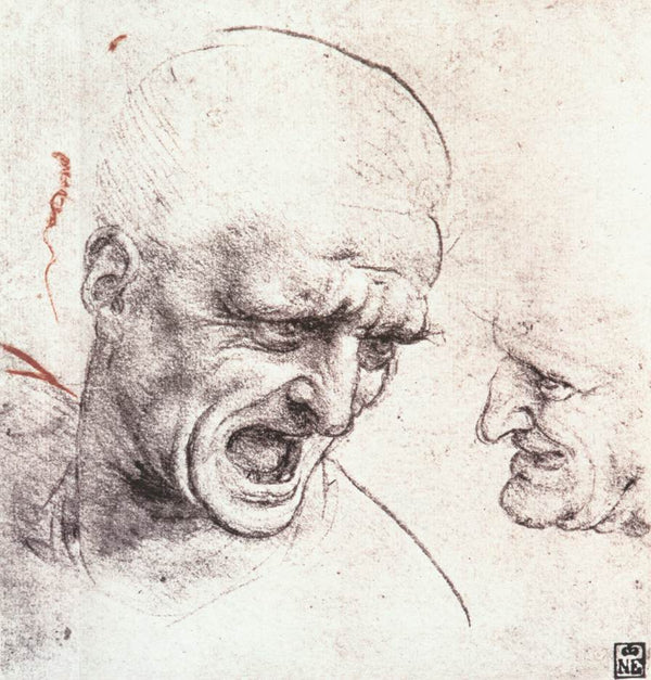 Studies for the heads of two soldiers in 'The Battle of Anghiari'.